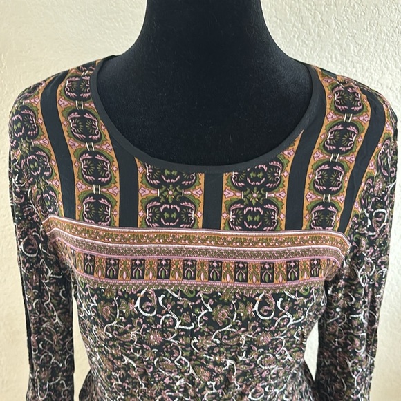 NWT Ecote Flare Long Sleeve Black Motif Paisley Boho Mini Dress 0091 - Picture 4 of 9